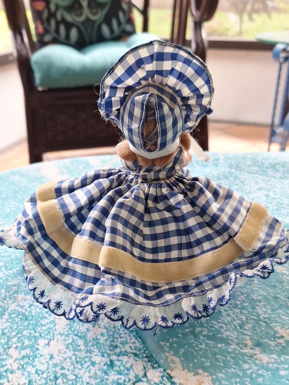 1940s Hollywood Doll Blue Gingham Kids Dress with Bonnet